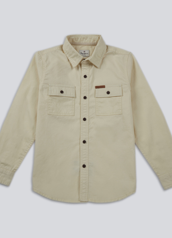 Boys Off White Double Pocket Full Sleeve Overdyed Shirt