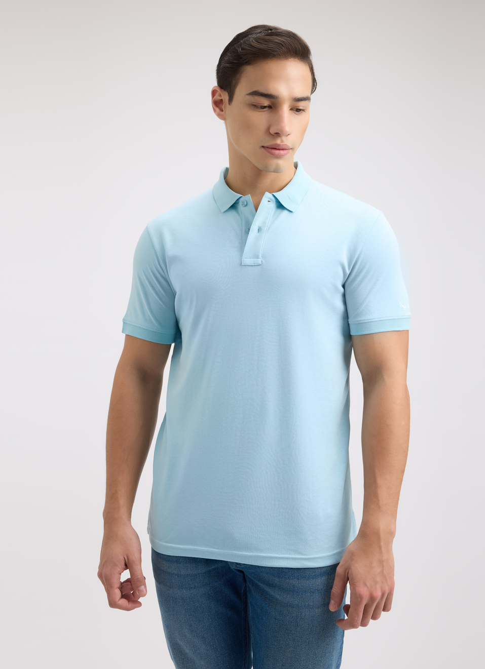Men Blue Ribbed Collar Short Sleeve Polo, , large image number 1
