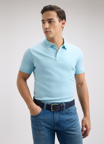 Men Blue Ribbed Collar Short Sleeve Polo