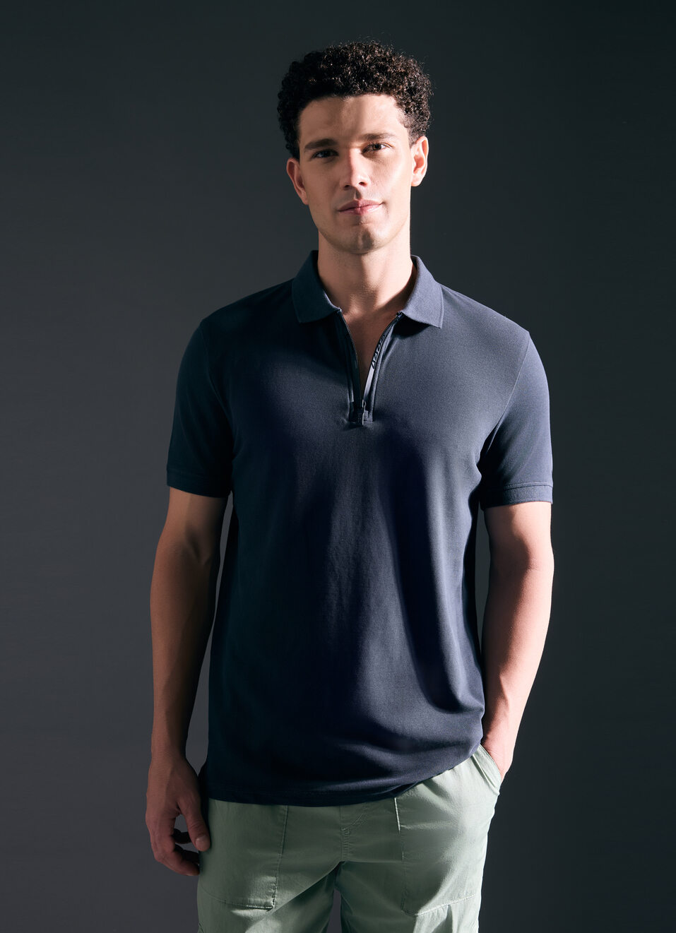 Men Green Short Sleeved Zipper Stretch Polo, , large image number 1