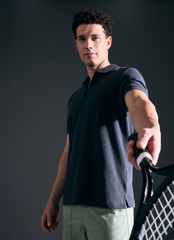 Men Dark Grey Short Sleeved Zipper Stretch Polo