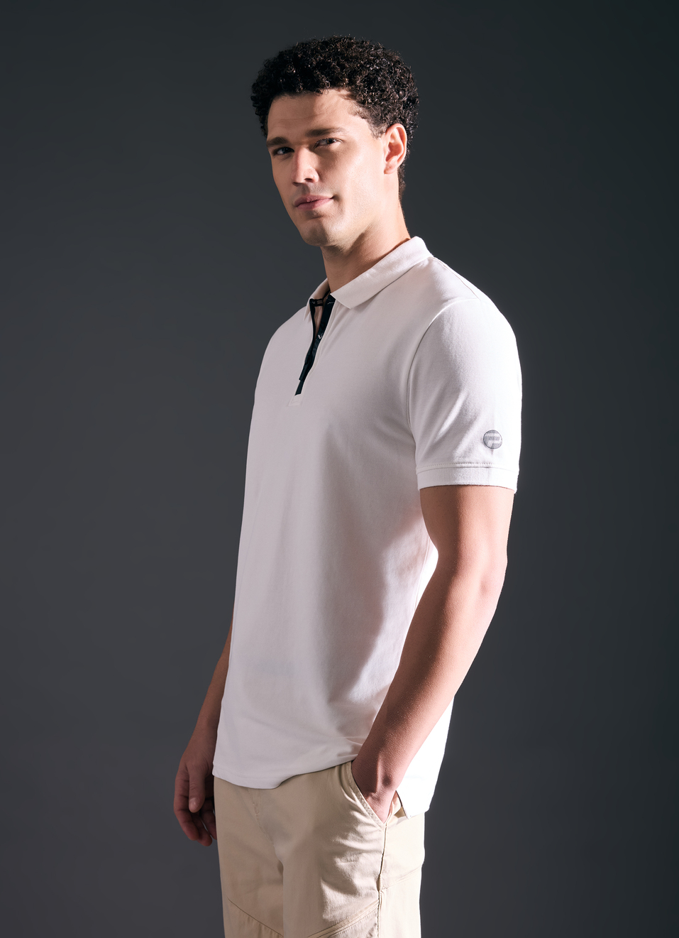 Men Ecru Short Sleeved Zipper Stretch Polo, , large image number 3