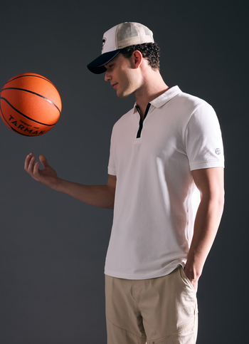 Men Ecru Short Sleeved Zipper Stretch Polo