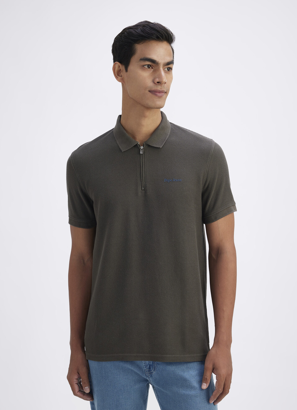 Men White Short Sleeve Zipper Polo, , large image number 1