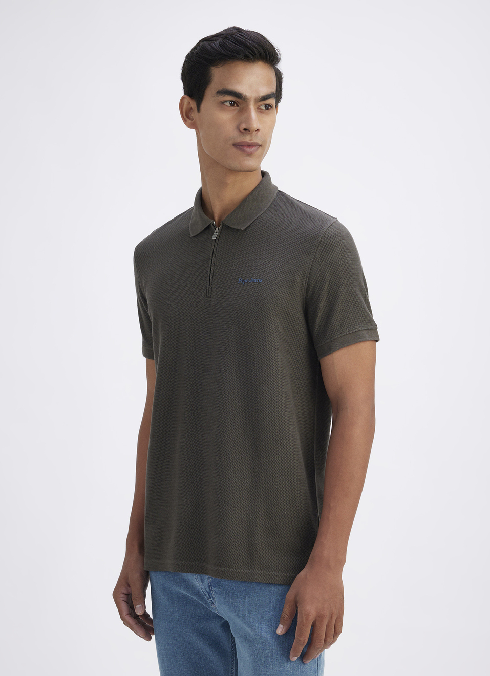 Men White Short Sleeve Zipper Polo, , large image number 3