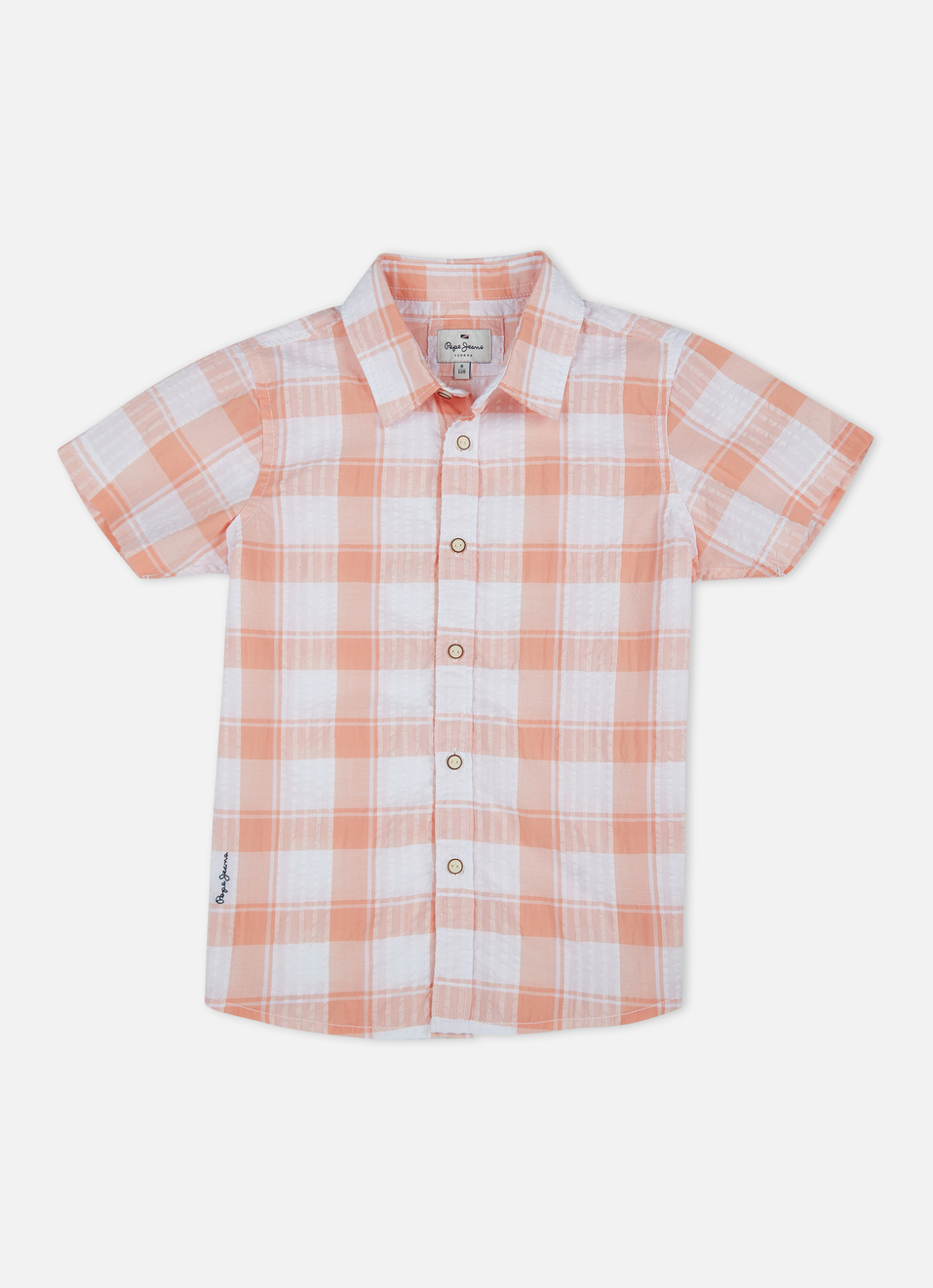 Boys Peach Check Short Sleeve Shirt, , large image number 0