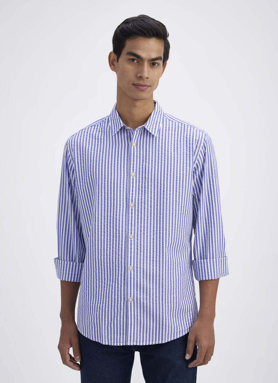 Men Blue Stripe Full Sleeve Shirt, , large image number 1