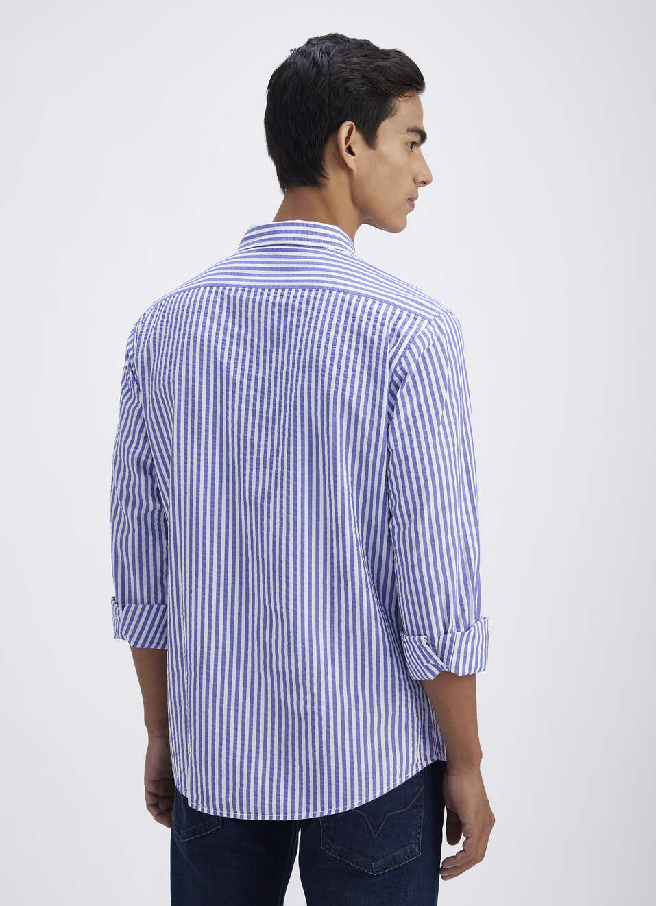 Men Blue Stripe Full Sleeve Shirt, , large image number 2