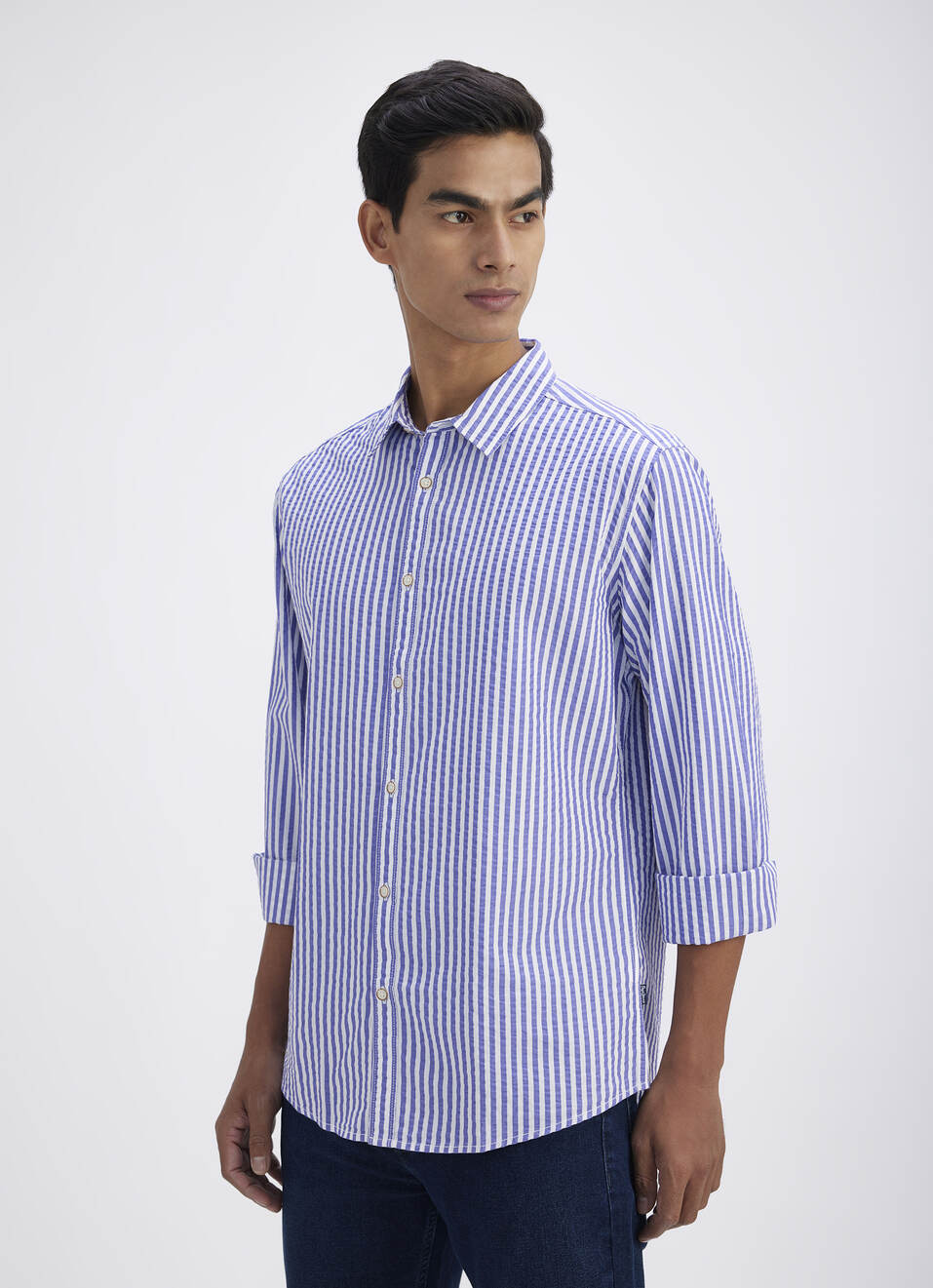 Men Blue Stripe Full Sleeve Shirt, , large image number 3