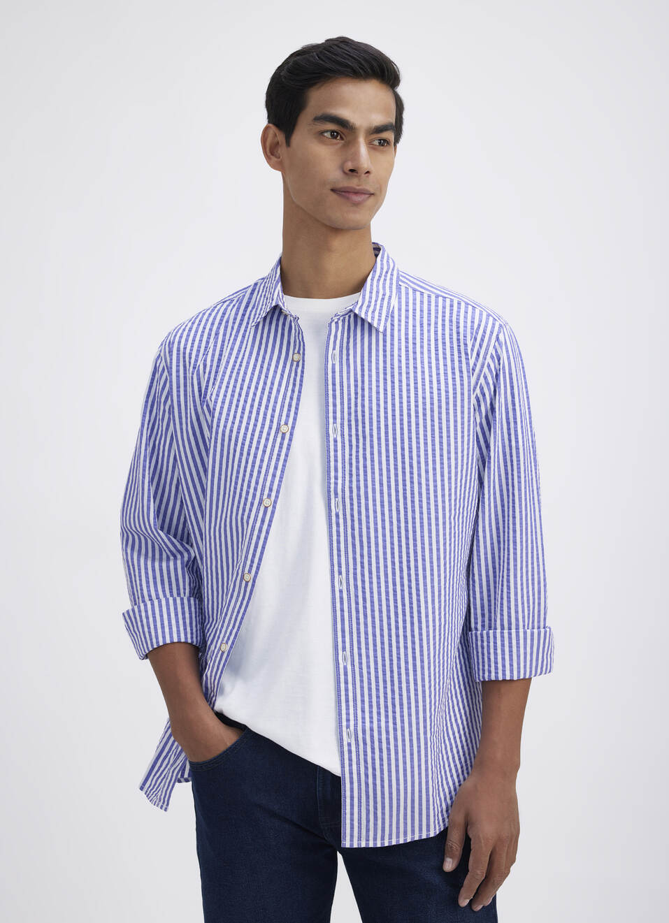 Men Blue Stripe Full Sleeve Shirt, , large image number 0