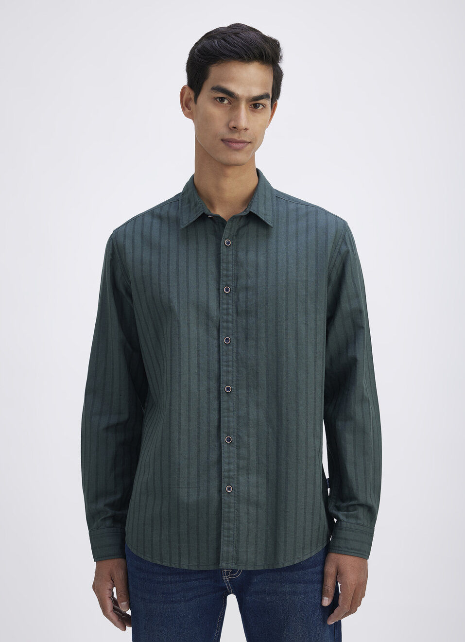 Men Green Stripe Full Sleeve Shirt, , large image number 1