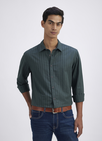 Men Green Stripe Full Sleeve Shirt