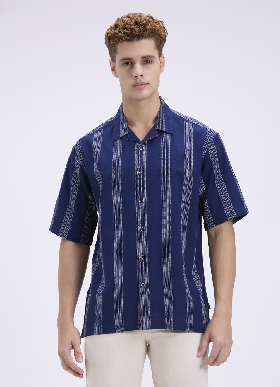 Men Blue Stripe Short Sleeve Shirt, , large image number 1