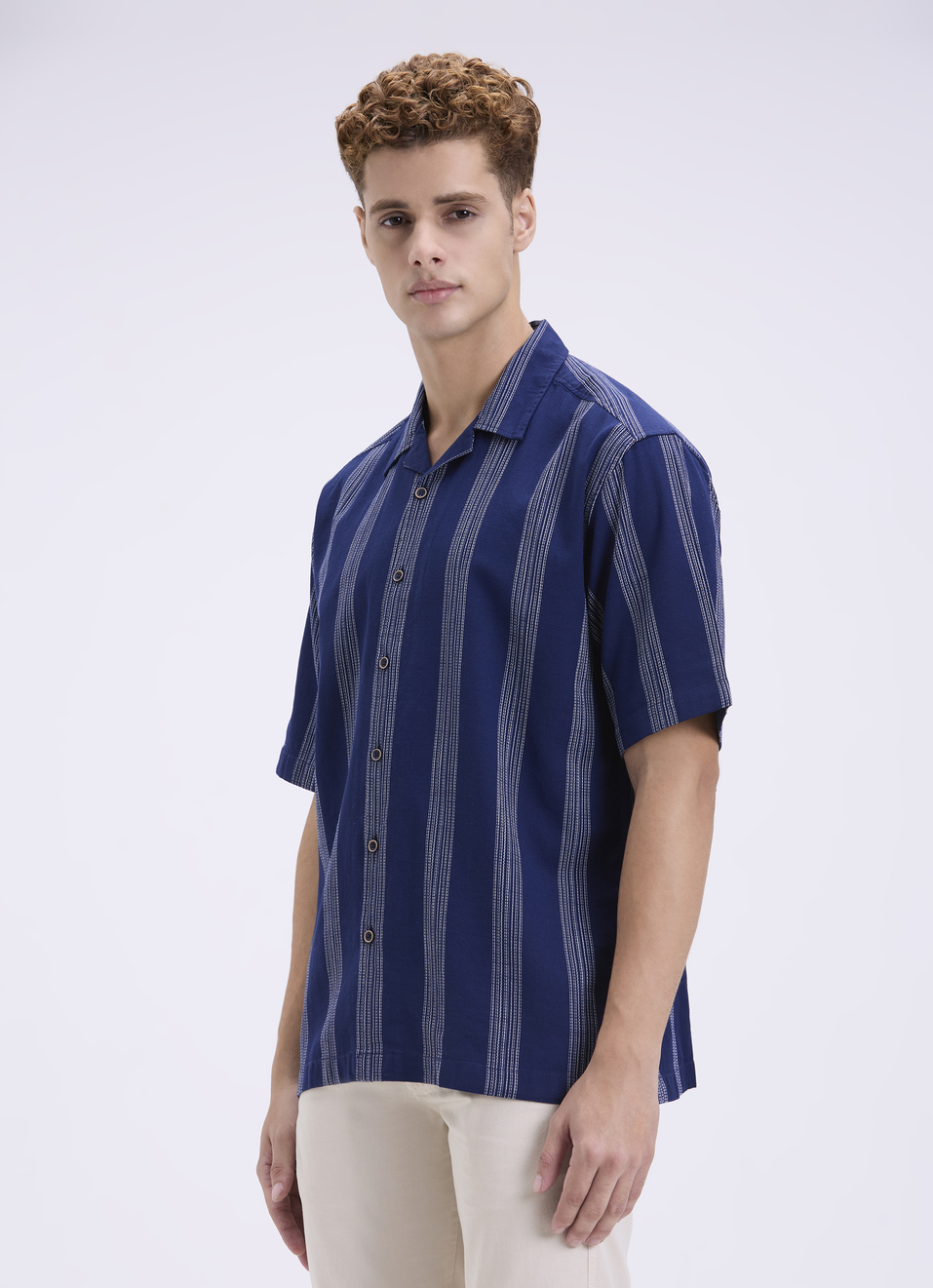 Men Blue Stripe Short Sleeve Shirt, , large image number 3