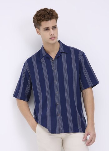 Men Blue Stripe Short Sleeve Shirt