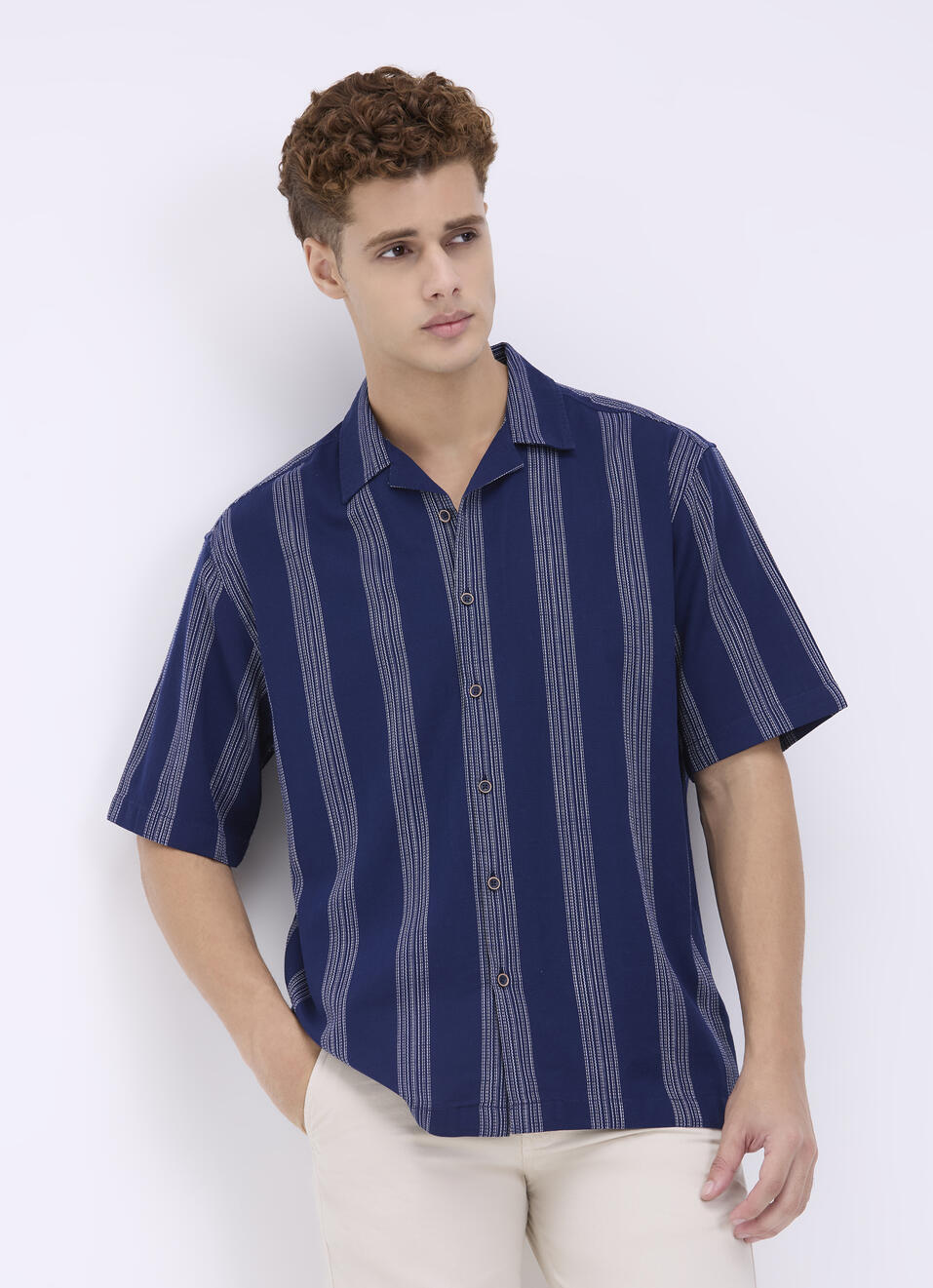 Men Blue Stripe Short Sleeve Shirt, , large image number 0