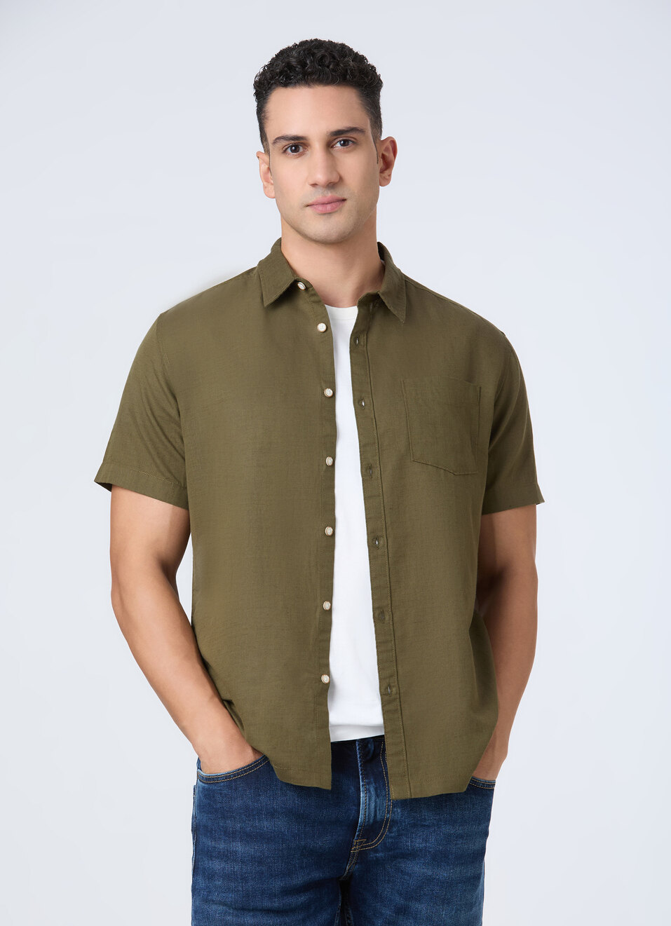 Men Green Patch Pocket Short Sleeve Shirt, , large image number 0