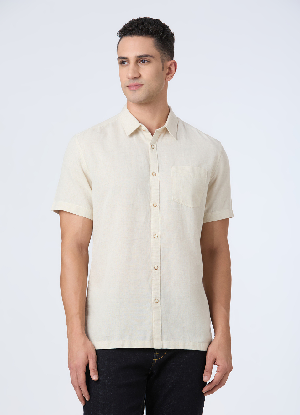 Men Beige Patch Pocket Short Sleeve Shirt, , large image number 1
