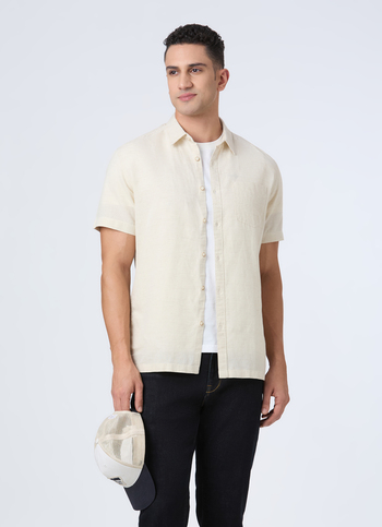 Men Beige Patch Pocket Short Sleeve Shirt