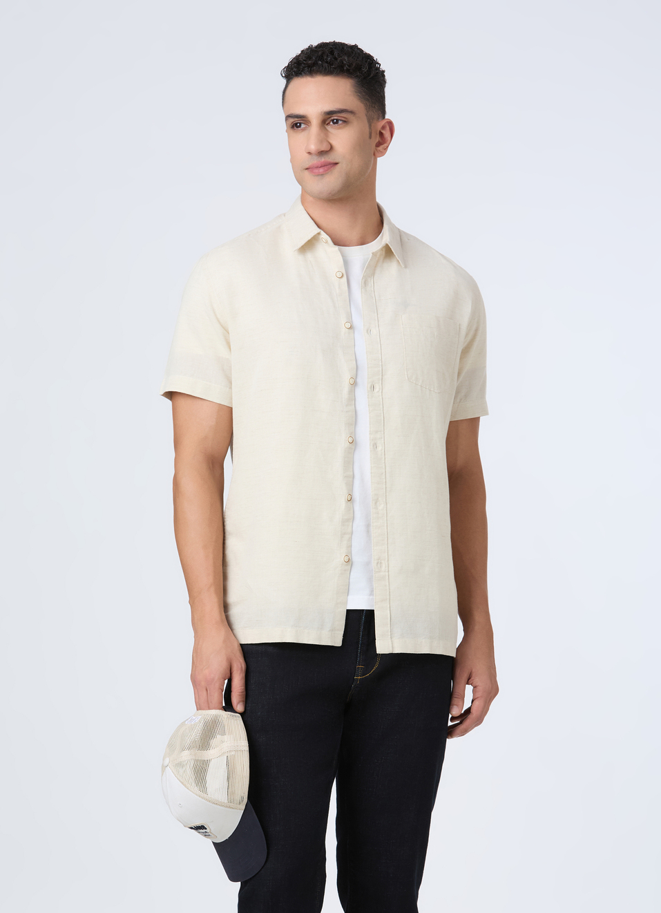 Men Beige Patch Pocket Short Sleeve Shirt, , large image number 0