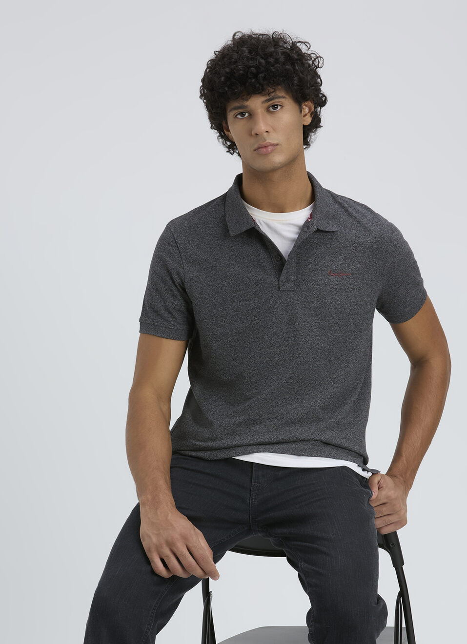 Men Grey Ribbed Collar Short Sleeve Polo, , large image number 0