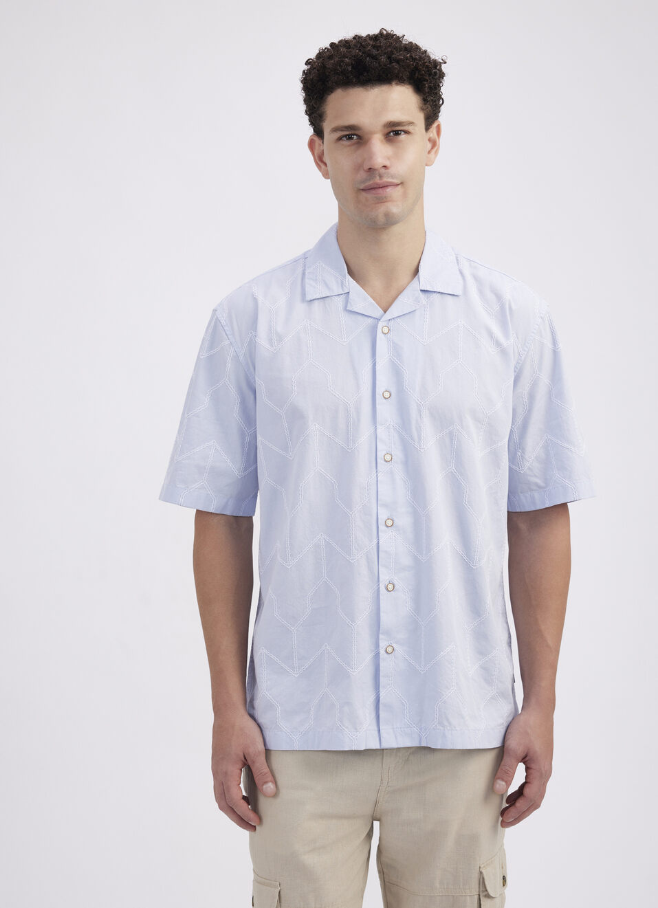 Men Sky Blue Resort Collar Short Sleeve Shirt, , large image number 1