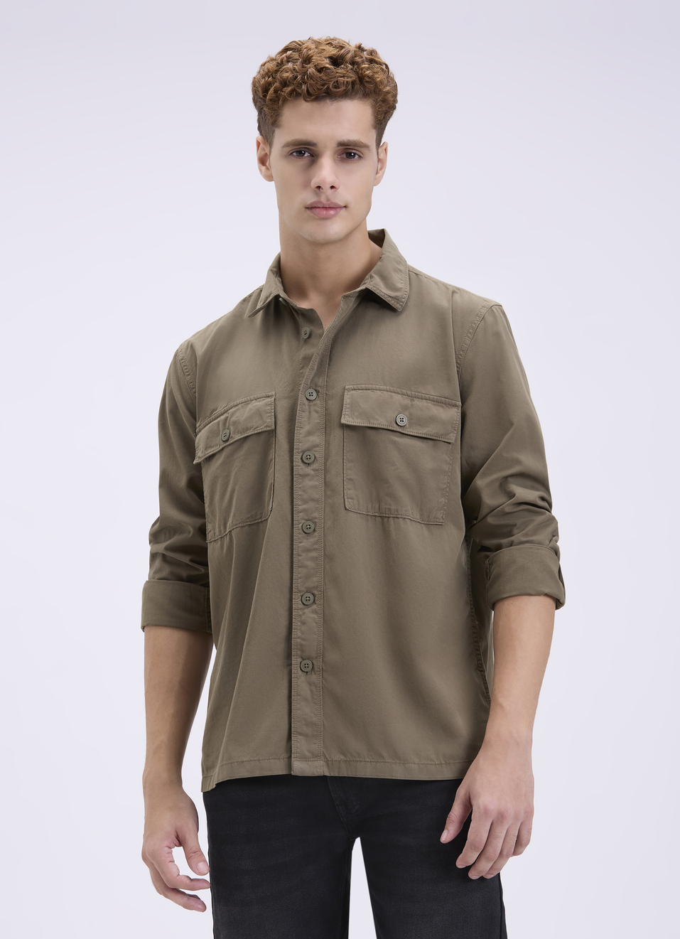 Men Oversized Olive Utility Shirt With Big Flap Pockets, , large image number 0