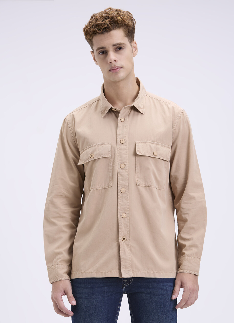 Men Oversized Khaki Utility Shirt With Big Flap Pockets, , large image number 1