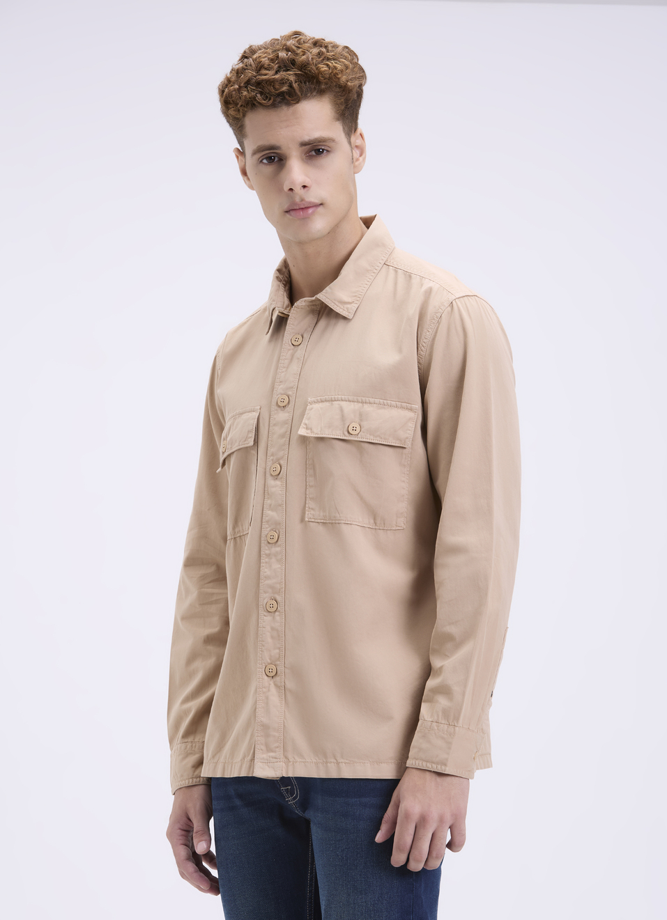 Men Oversized Khaki Utility Shirt With Big Flap Pockets, , large image number 3