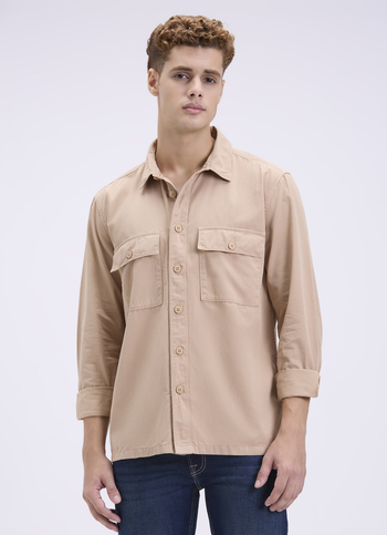 Men Oversized Khaki Utility Shirt With Big Flap Pockets