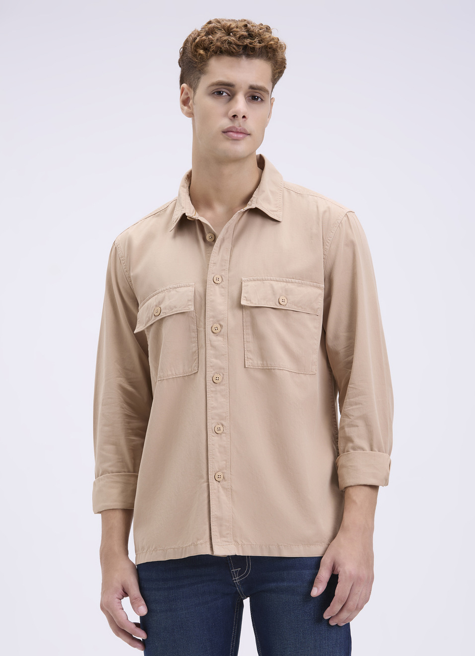 Men Oversized Khaki Utility Shirt With Big Flap Pockets, , large image number 0