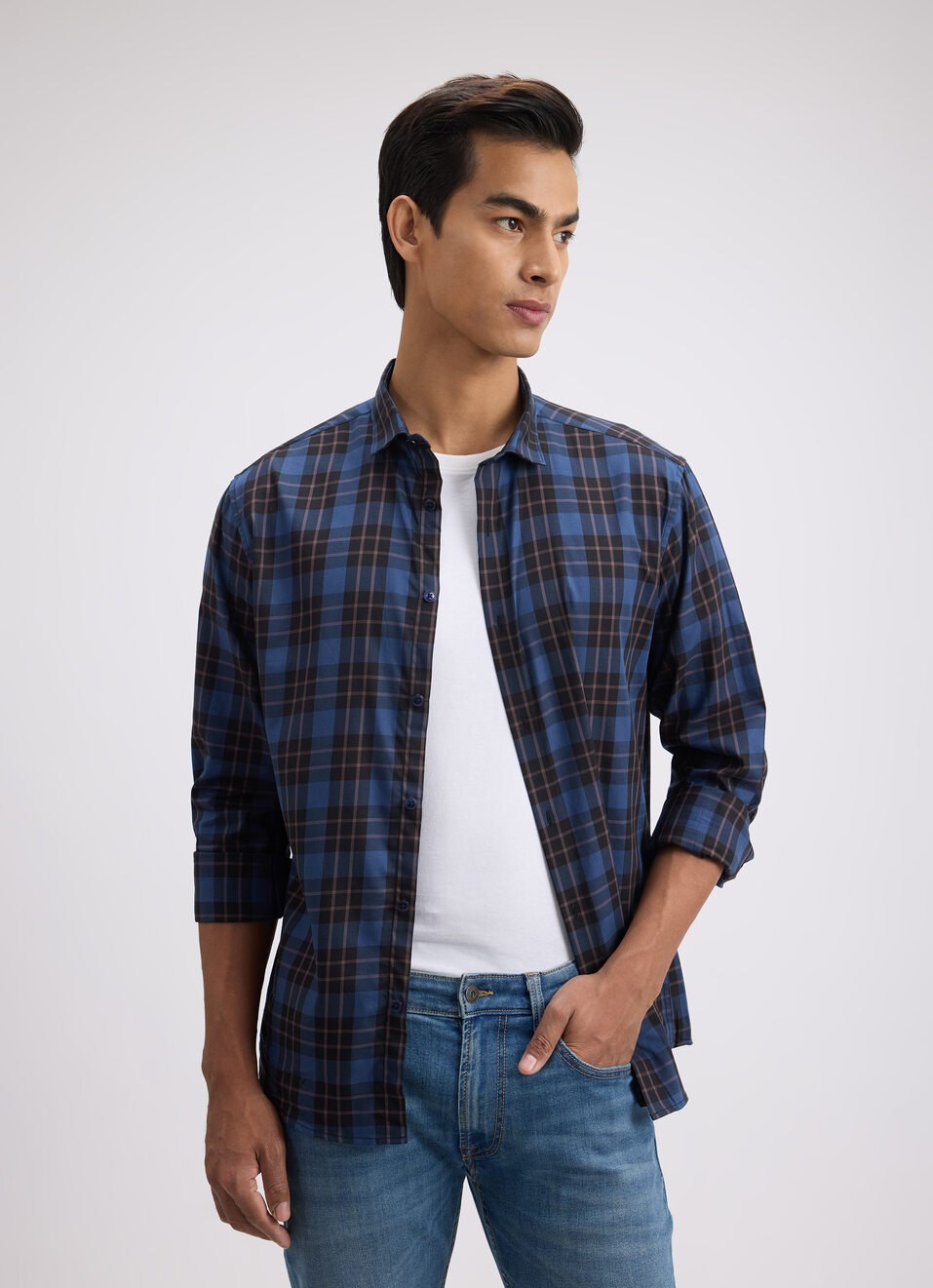 Men Teal Stripe Full Sleeve Shirt, , large image number 0