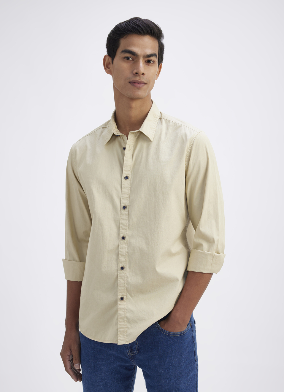 Men Beige Single Pocket Full Sleeve Shirt, , large image number 0