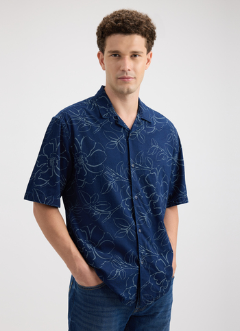 Men Blue Resort Collar Floral Print Short Sleeve Shirt