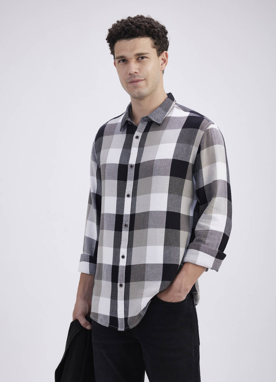 Men Black Check Full Sleeve Shirt, , large image number 0
