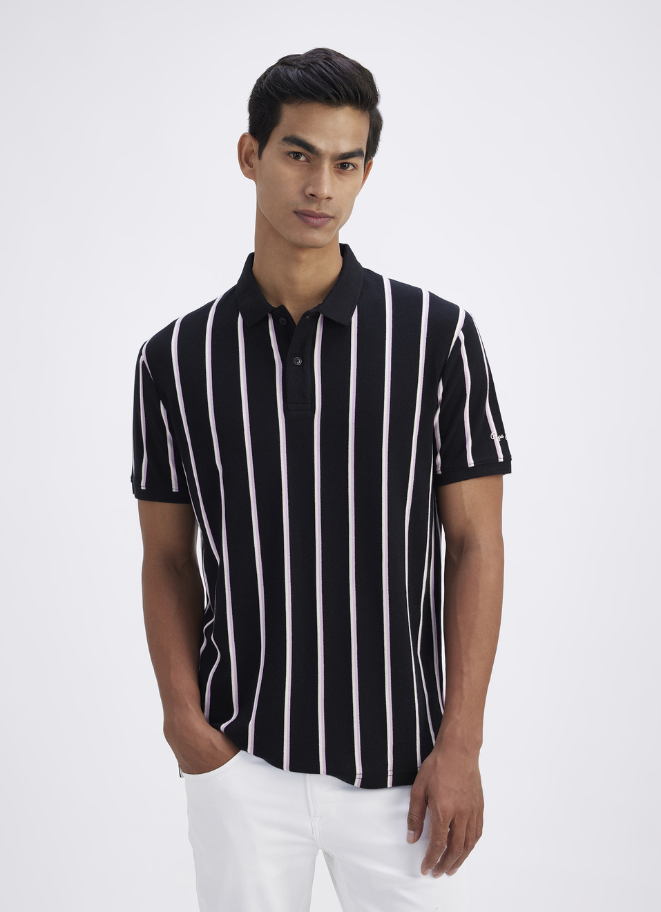 Men Black All Over Stripe Short Sleeve Polo, , large image number 1