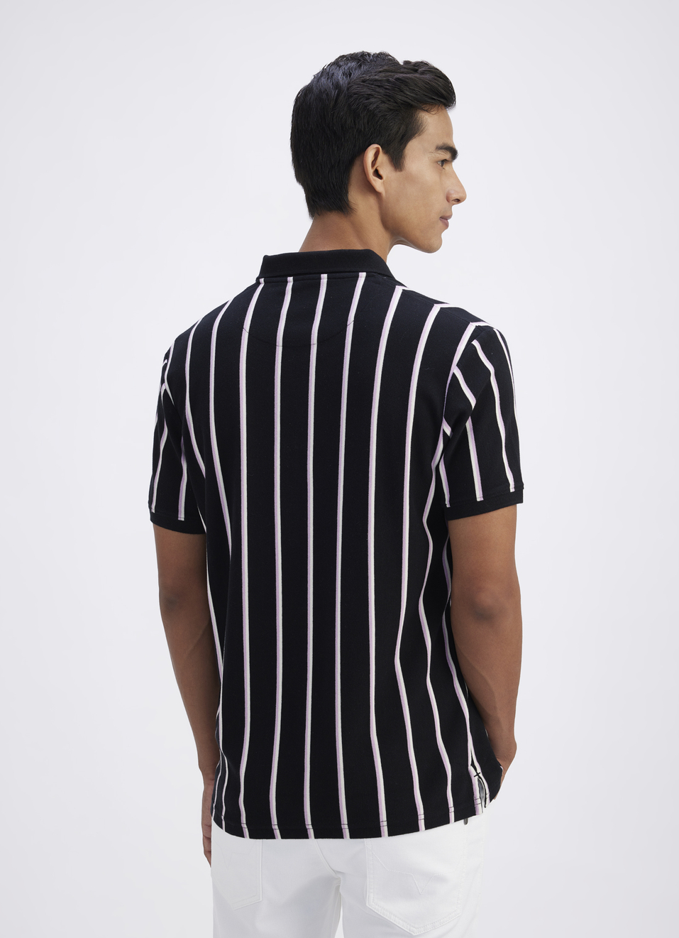 Men Black All Over Stripe Short Sleeve Polo, , large image number 2