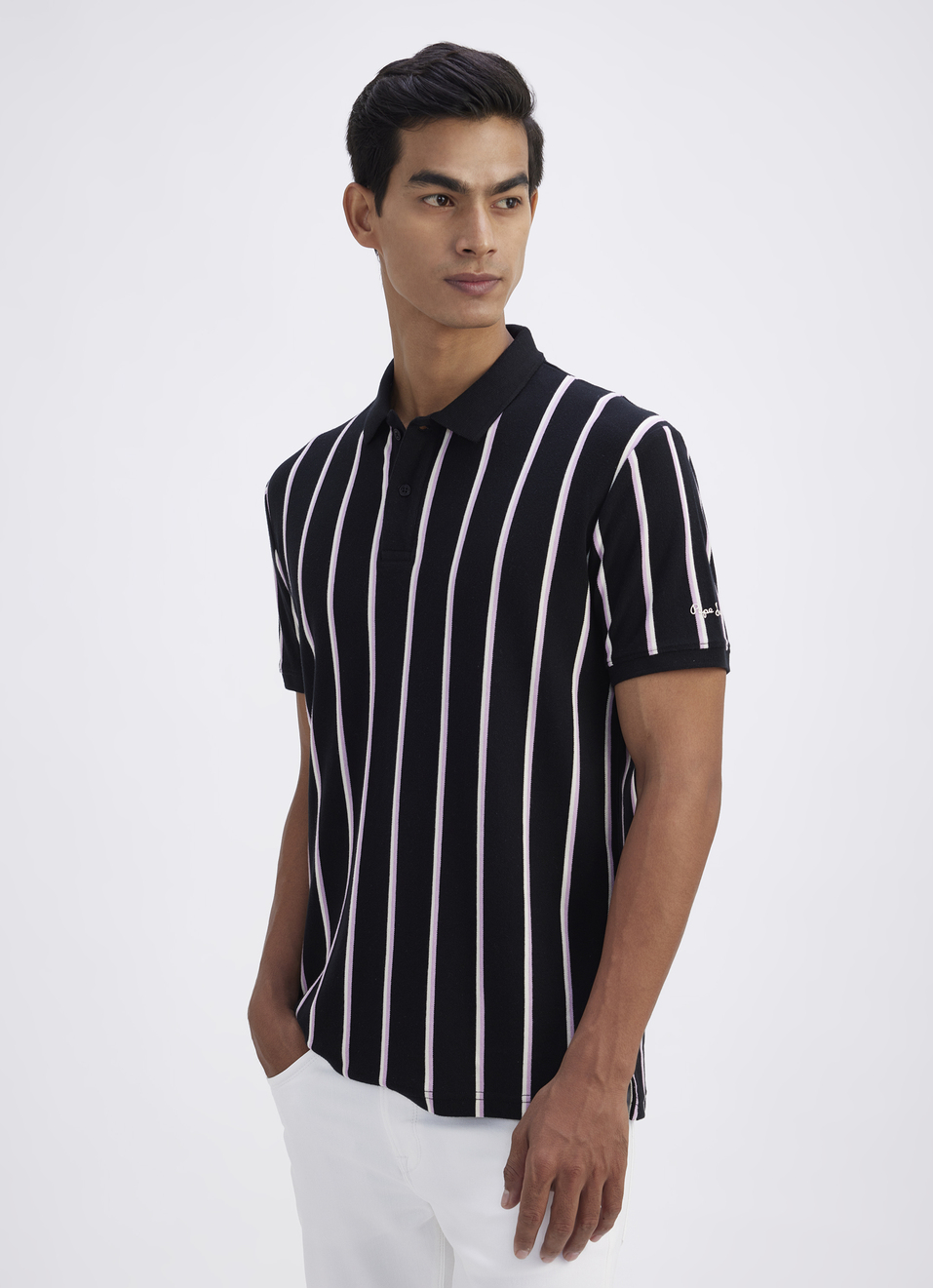Men Black All Over Stripe Short Sleeve Polo, , large image number 3