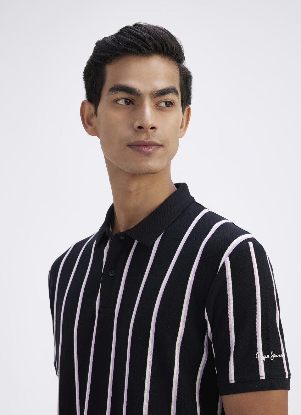 Men Black All Over Stripe Short Sleeve Polo, , large image number 4
