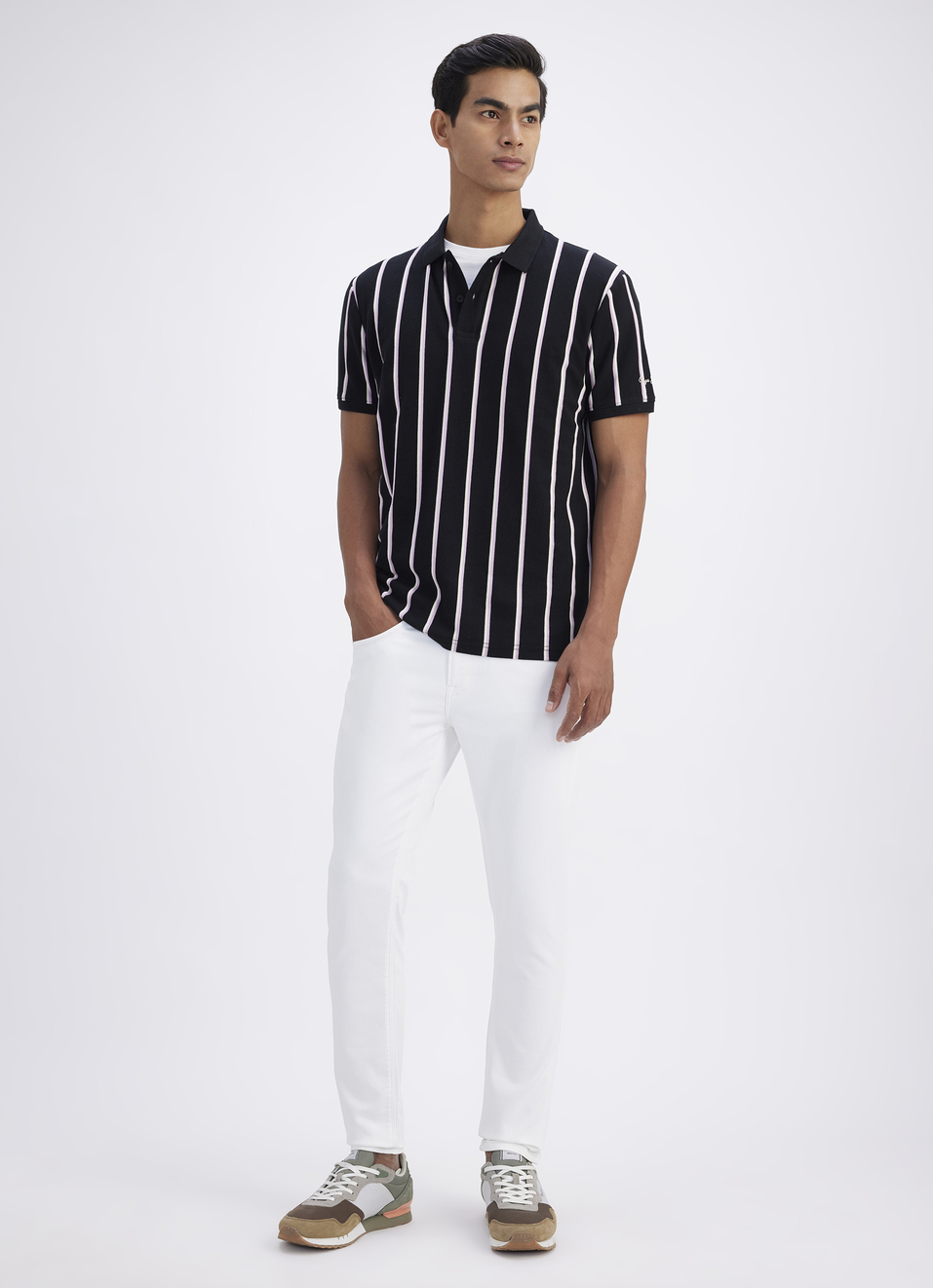 Men Black All Over Stripe Short Sleeve Polo, , large image number 5