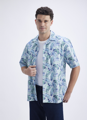 Men Green Resort Collar Tropical Leaf Print Short Sleeve Shirt