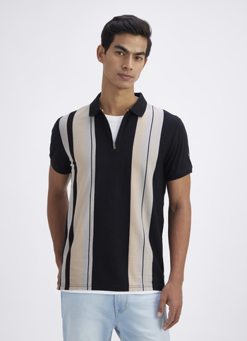 Men Black All Over Stripe Short Sleeve Polo