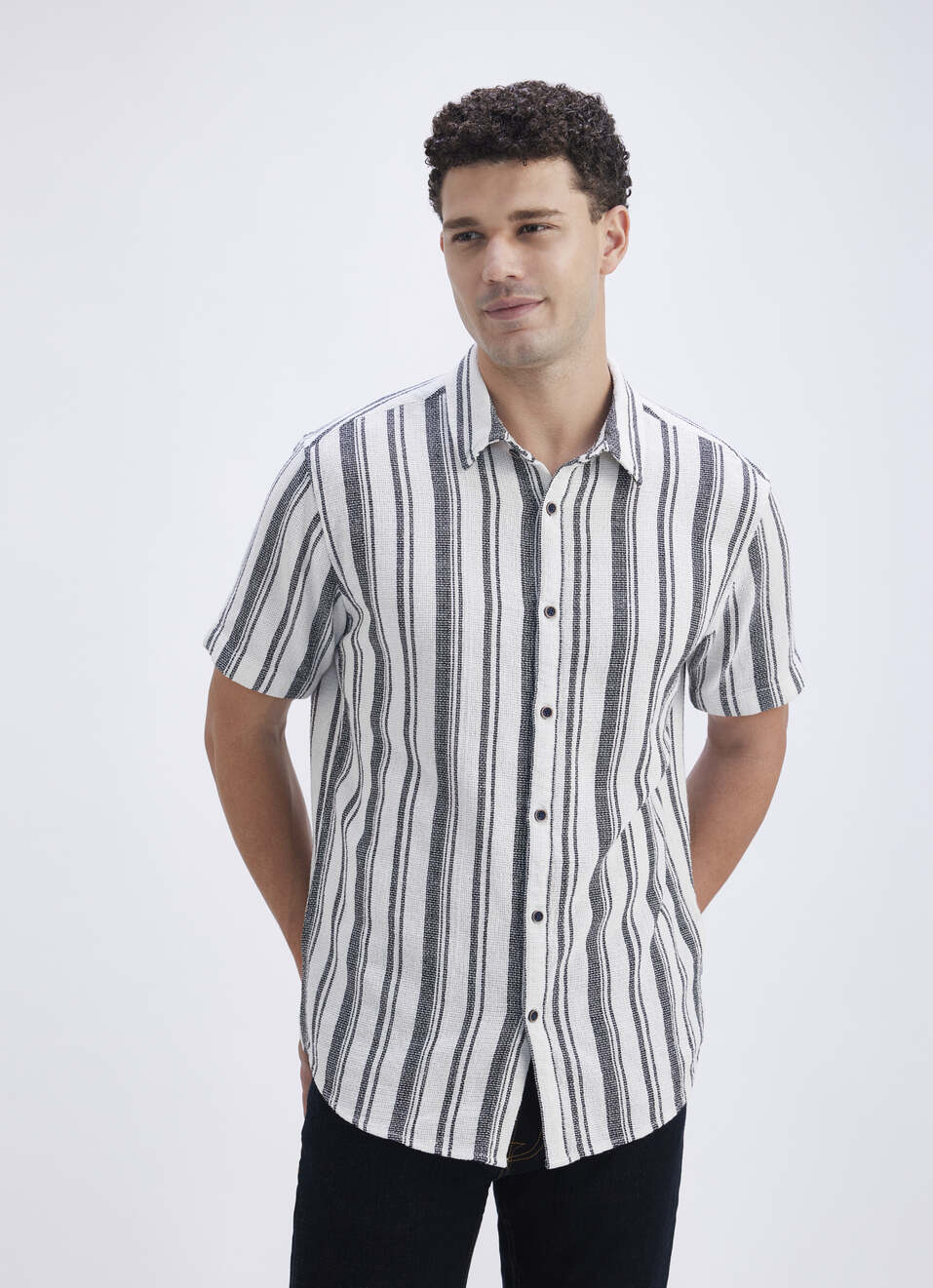 Men White Stripe Short Sleeve Shirt, , large image number 1