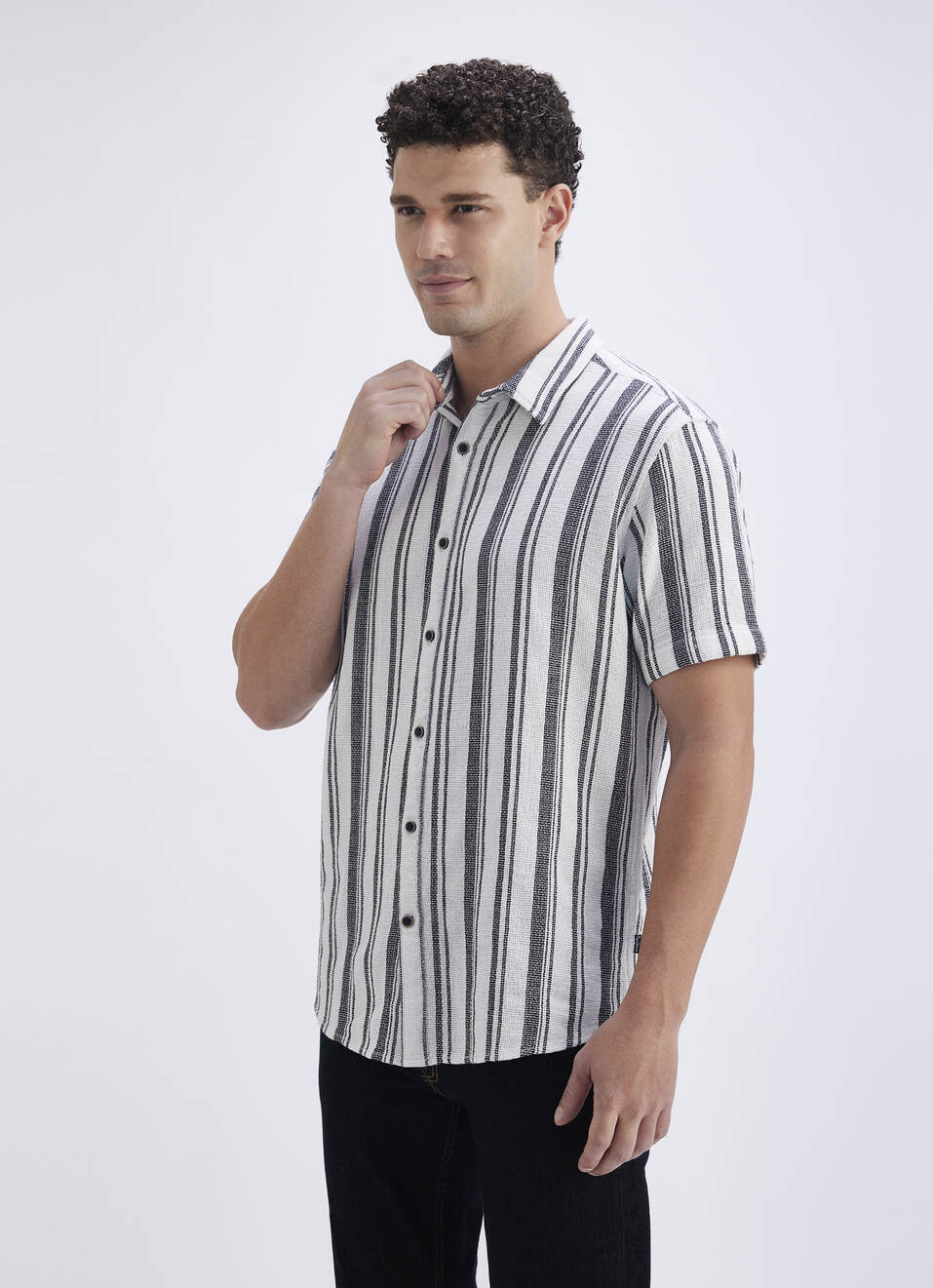 Men White Stripe Short Sleeve Shirt, , large image number 3