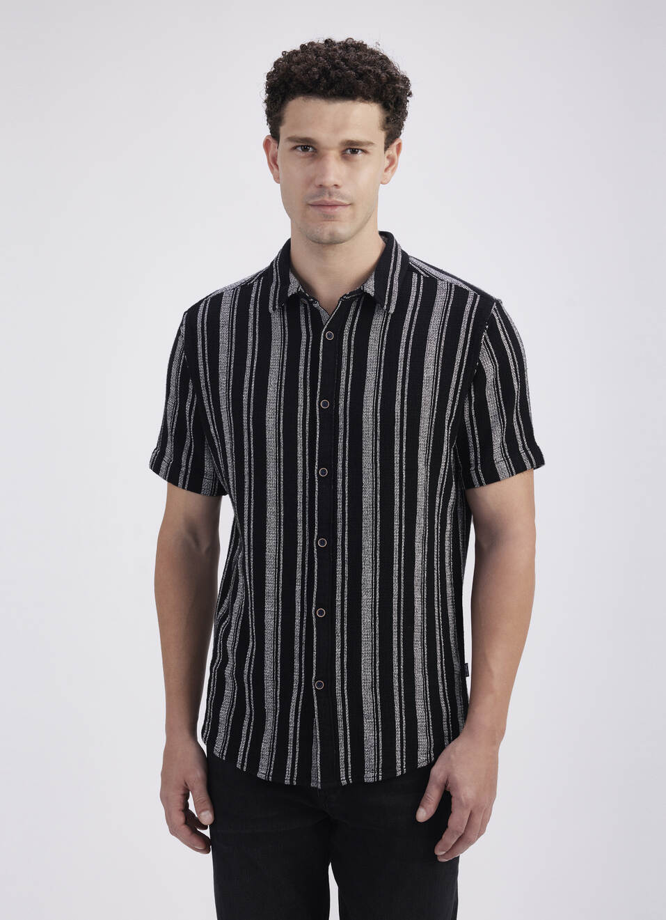 Men Black Stripe Short Sleeve Shirt, , large image number 1