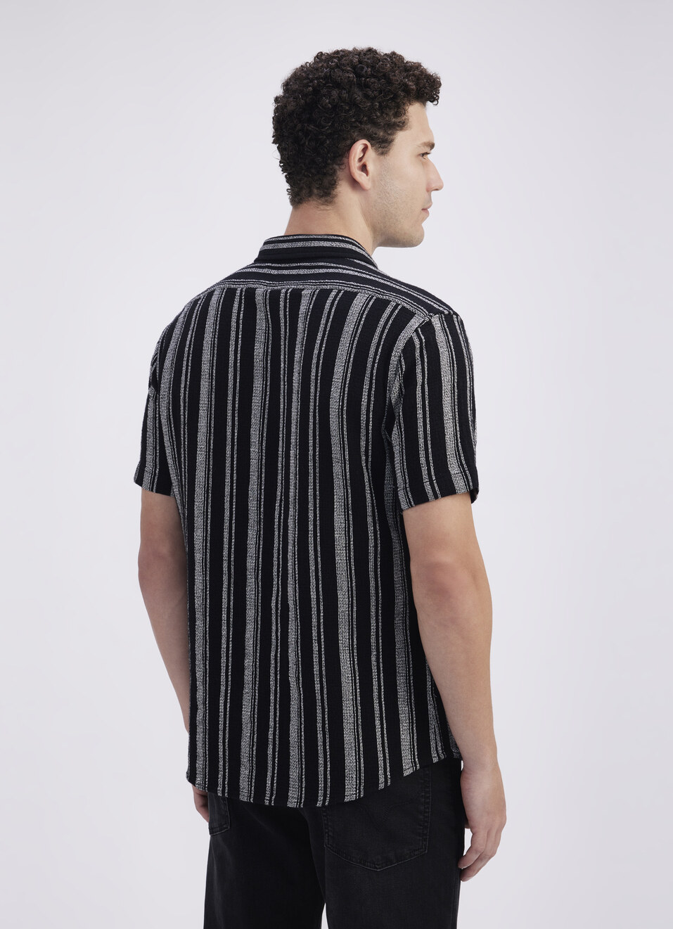 Men Black Stripe Short Sleeve Shirt, , large image number 2
