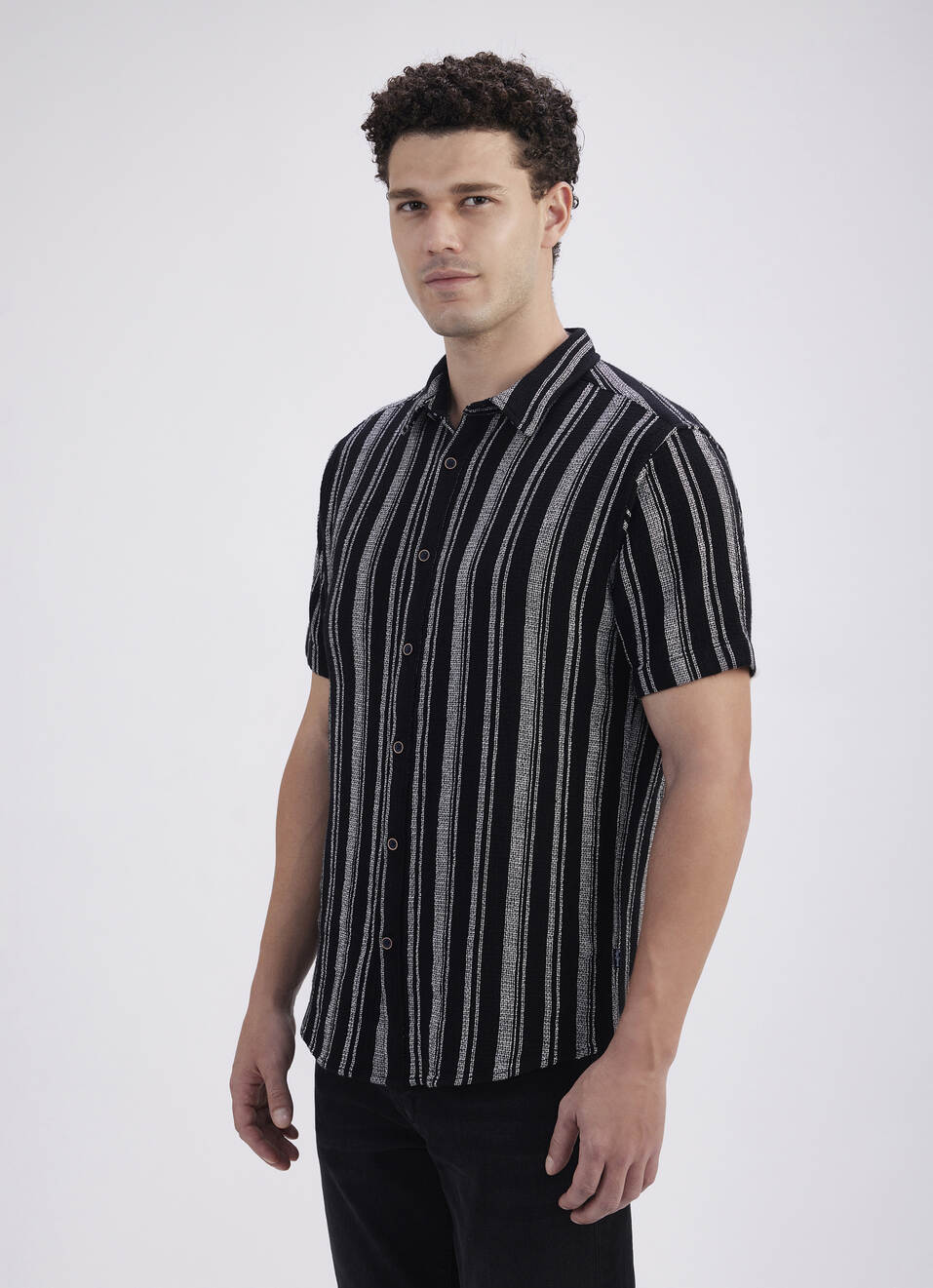 Men Black Stripe Short Sleeve Shirt, , large image number 3