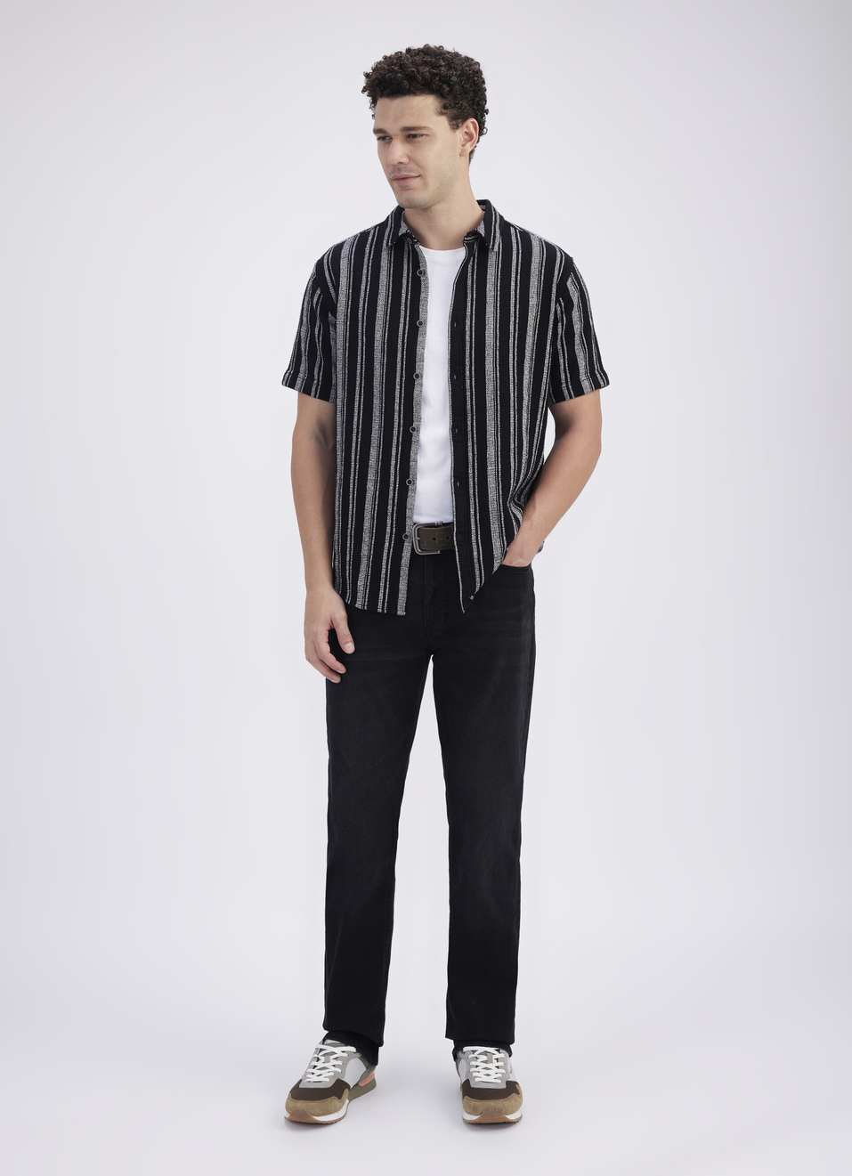 Men Black Stripe Short Sleeve Shirt, , large image number 5