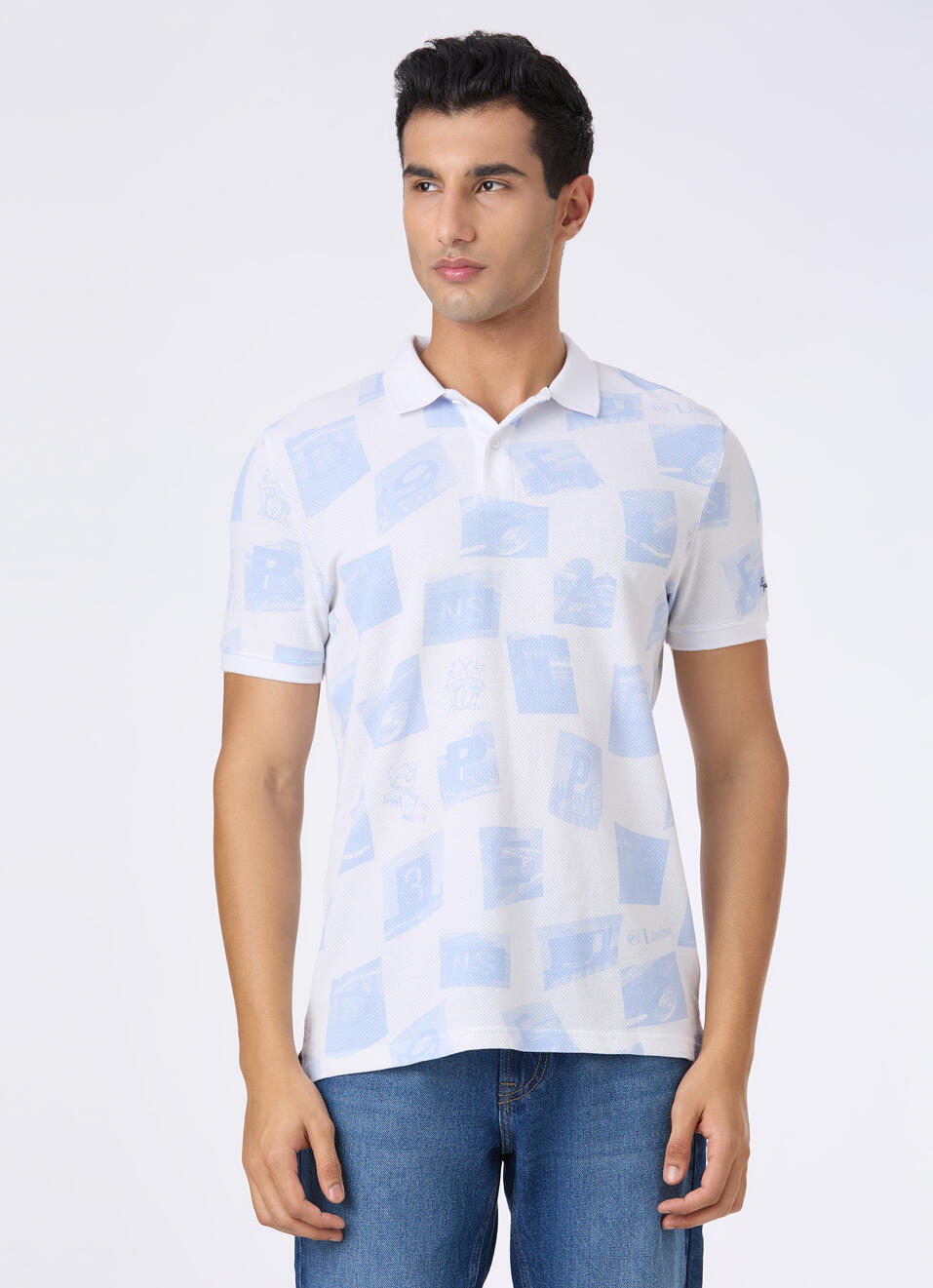 Men Sky Blue Graphic Print Polo, , large image number 1