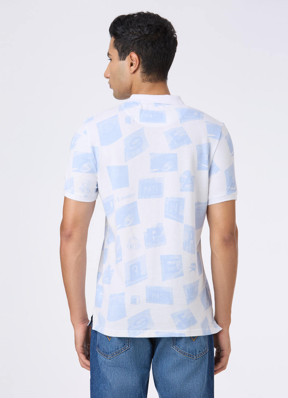 Men Sky Blue Graphic Print Polo, , large image number 2